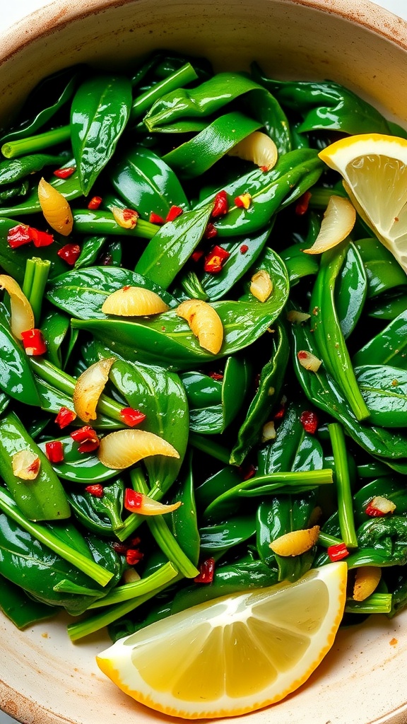 Sautéed spinach with garlic, served in a rustic bowl with a lemon wedge and red pepper flakes.